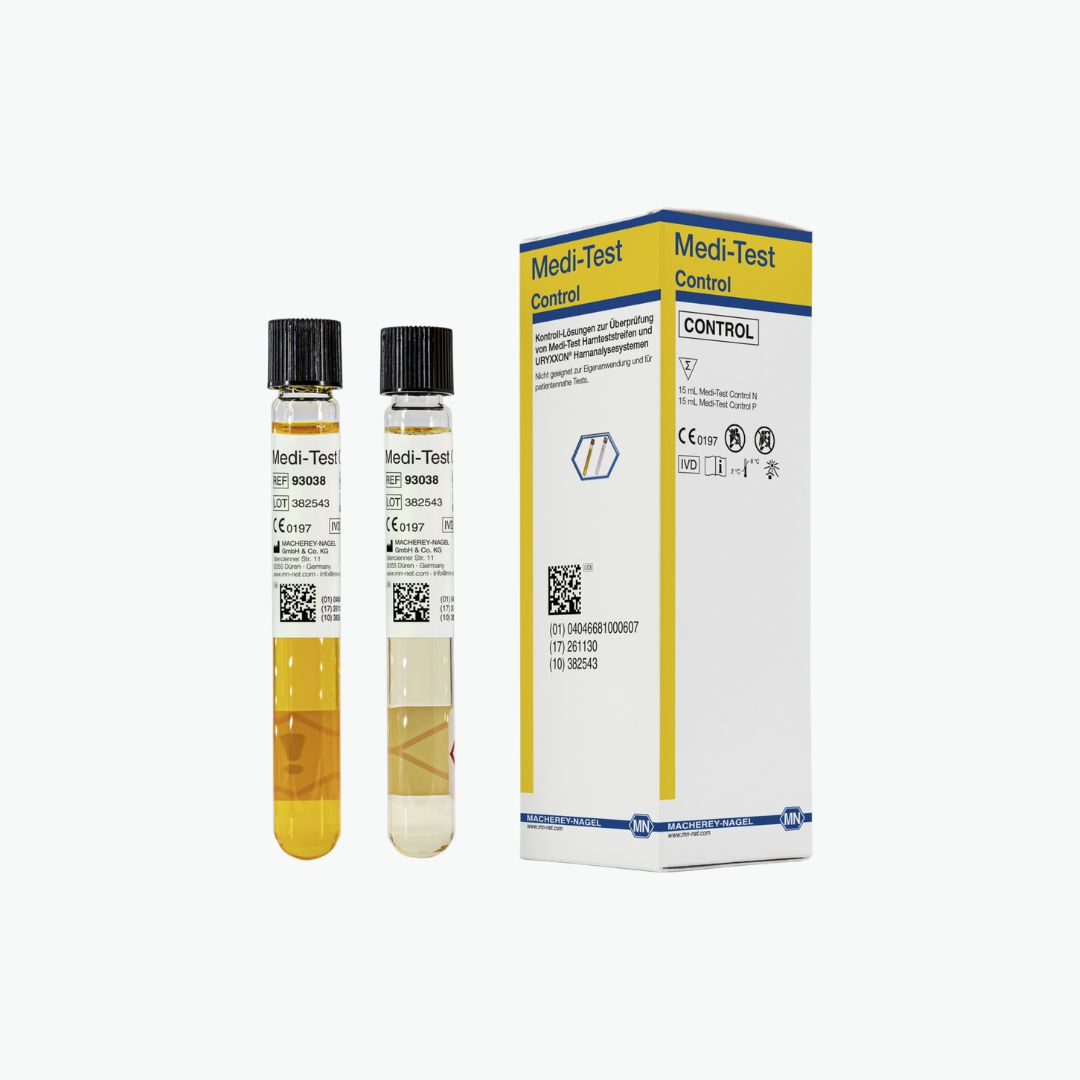 Medi-Test control tubes and packaging on a white background