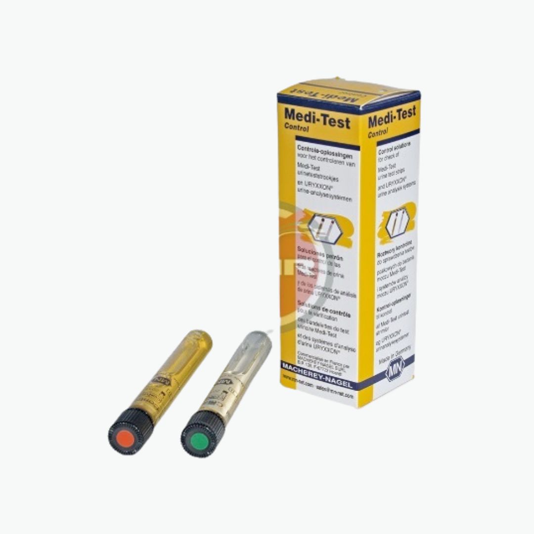 Medi-Test control device with two test sticks on a white background